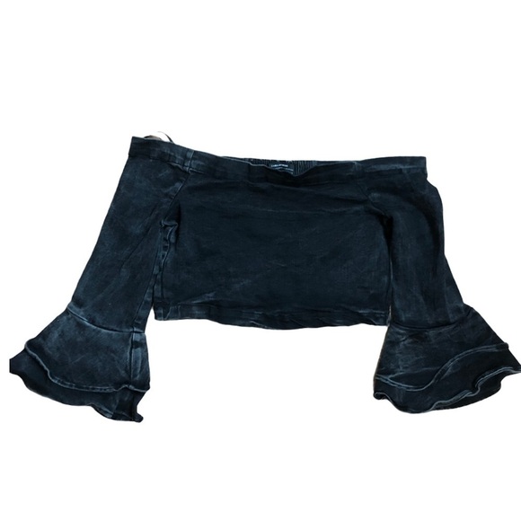 Zara Denim Off The Shoulder Grey Ruffle Top S - Picture 4 of 4